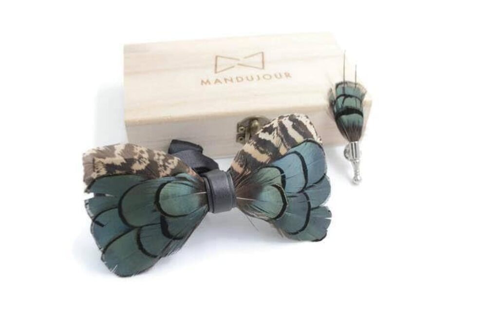 2940 Elegant Pheasant Feather Bow Tie & Lapel Pin Set for Weddings Proms